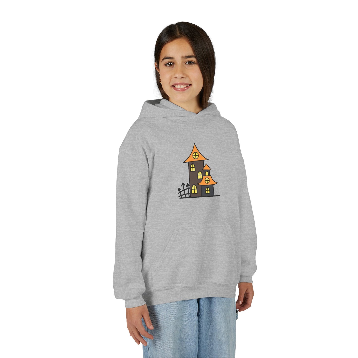 Halloween Haunted House Youth Hoodie, Spooky Sweatshirt, Fall Fashion, Trick or Treat Gift, Cozy Halloween Apparel