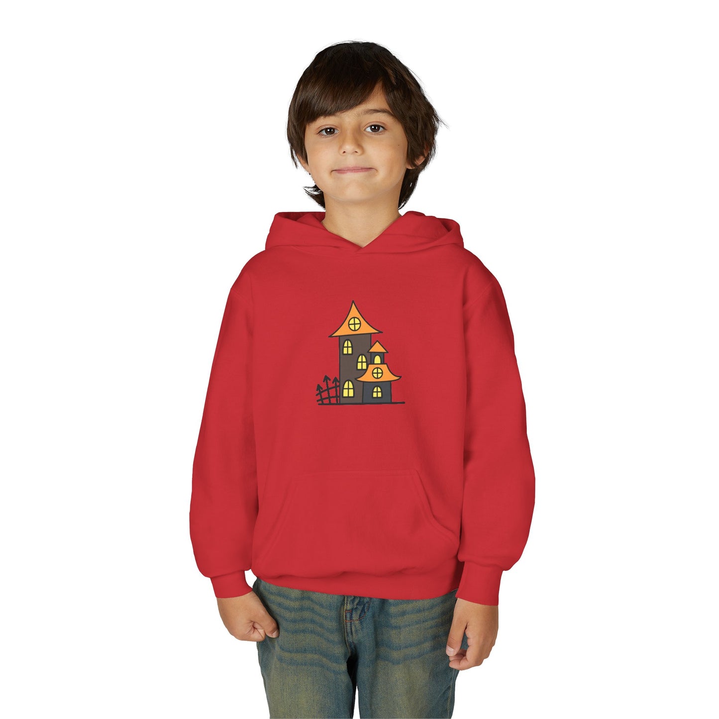 Halloween Haunted House Youth Hoodie, Spooky Sweatshirt, Fall Fashion, Trick or Treat Gift, Cozy Halloween Apparel