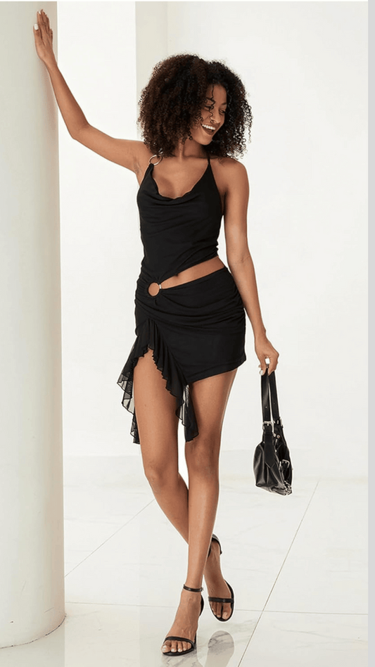 "Noir Flare" Ruched Cutout Mini Dress