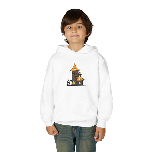 Halloween Haunted House Youth Hoodie, Spooky Sweatshirt, Fall Fashion, Trick or Treat Gift, Cozy Halloween Apparel